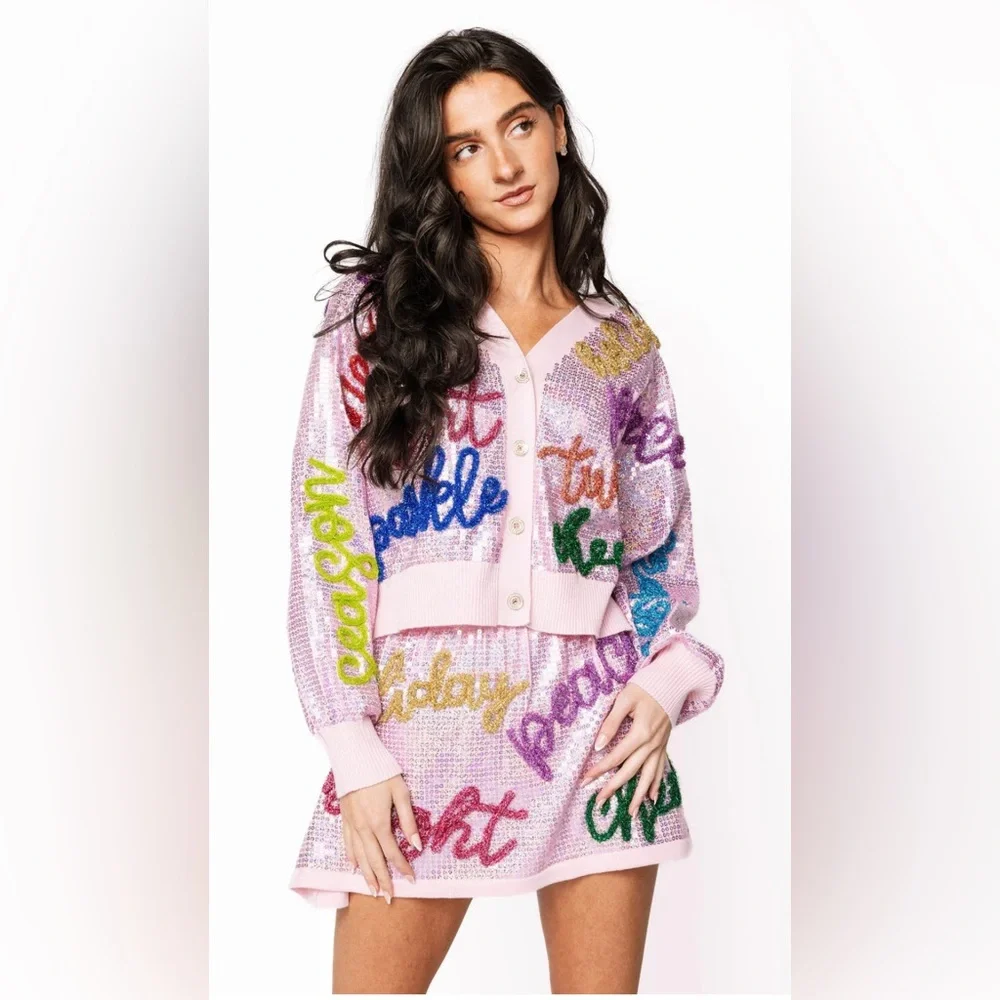 New! QUEEN OF SPARKLES Set! Pink Sequin Holiday Words Cardigan & Skirt Set - Picture 3 of 14